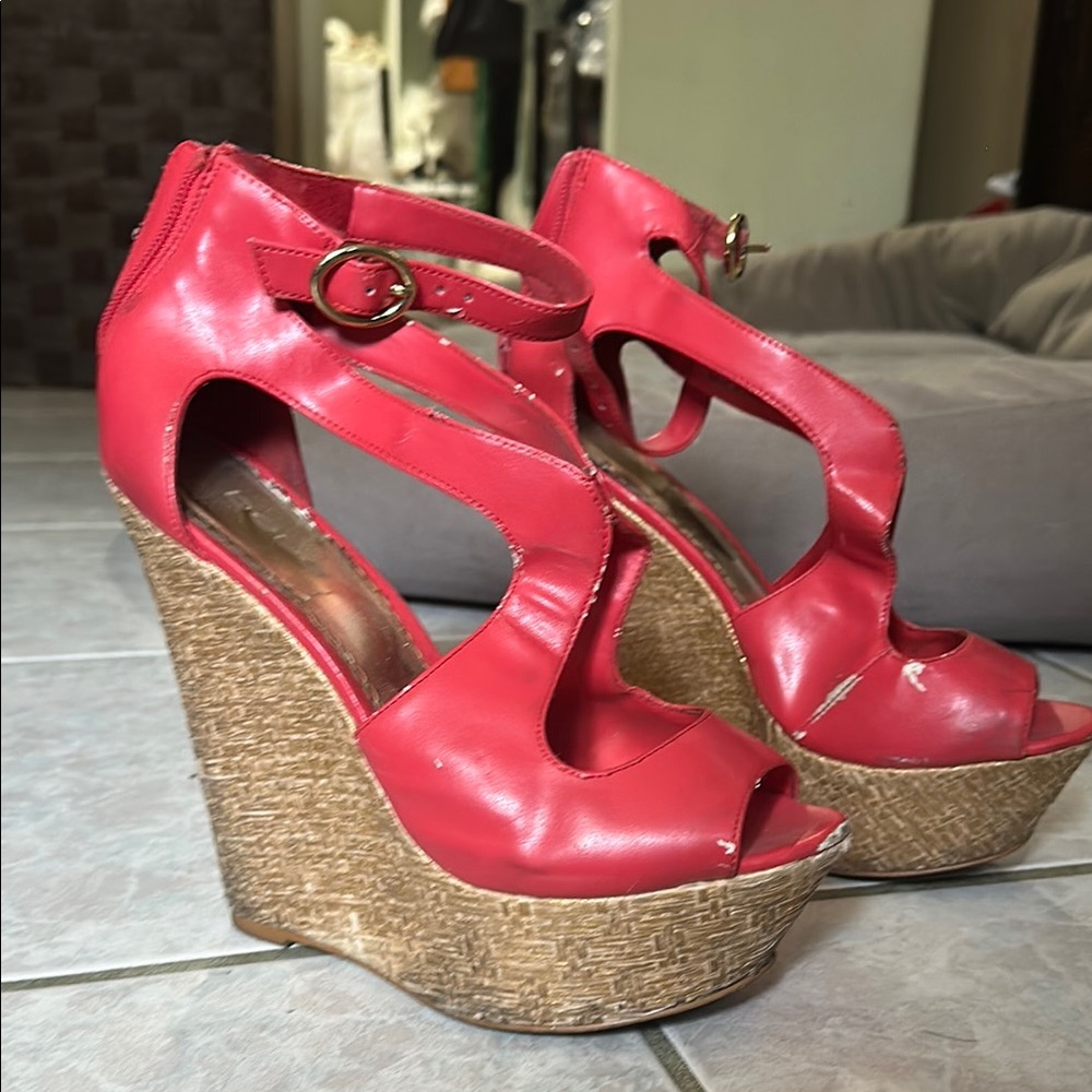 Coral Red Wedge Sandals